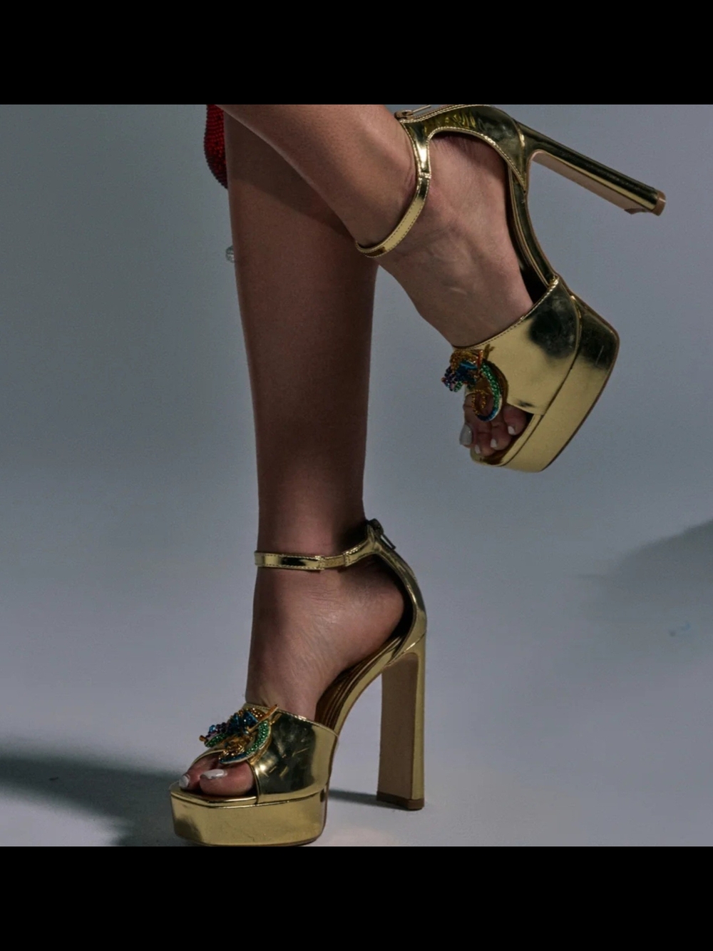 Gold Metallic Platform Heels with Multicolor Jeweled Chameleon - Picture 3 of 7